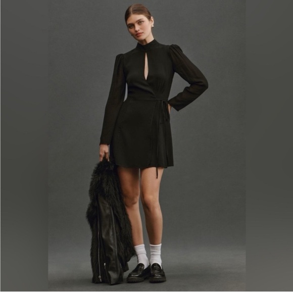 Reformation Ottessa Long-Sleeve Surplice Minidress Black Sz Small - Picture 1 of 16